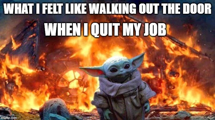 Baby Yoda | WHAT I FELT LIKE WALKING OUT THE DOOR; WHEN I QUIT MY JOB | image tagged in baby yoda | made w/ Imgflip meme maker