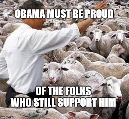 obama sheep | OBAMA MUST BE PROUD; OF THE FOLKS WHO STILL SUPPORT HIM | image tagged in obama sheep | made w/ Imgflip meme maker