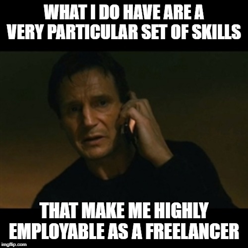 Liam Neeson Taken Meme | WHAT I DO HAVE ARE A VERY PARTICULAR SET OF SKILLS; THAT MAKE ME HIGHLY EMPLOYABLE AS A FREELANCER | image tagged in memes,liam neeson taken | made w/ Imgflip meme maker