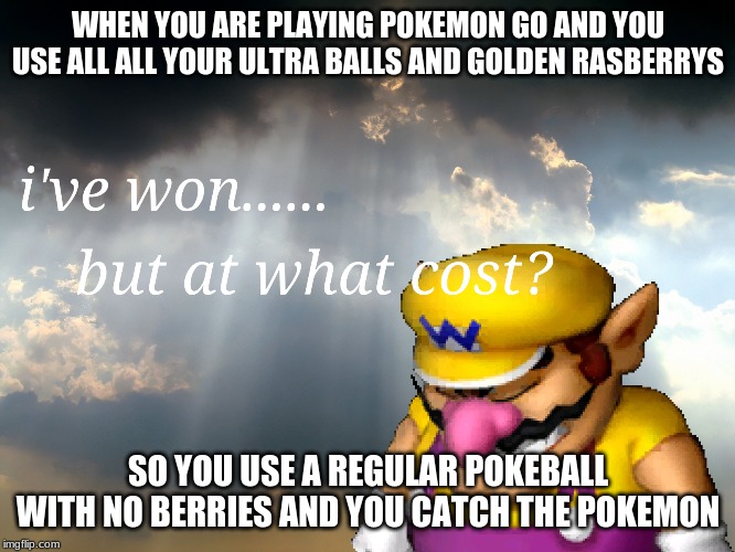 I have won...but at what cost | WHEN YOU ARE PLAYING POKEMON GO AND YOU USE ALL ALL YOUR ULTRA BALLS AND GOLDEN RASBERRYS; SO YOU USE A REGULAR POKEBALL WITH NO BERRIES AND YOU CATCH THE POKEMON | image tagged in i have wonbut at what cost | made w/ Imgflip meme maker
