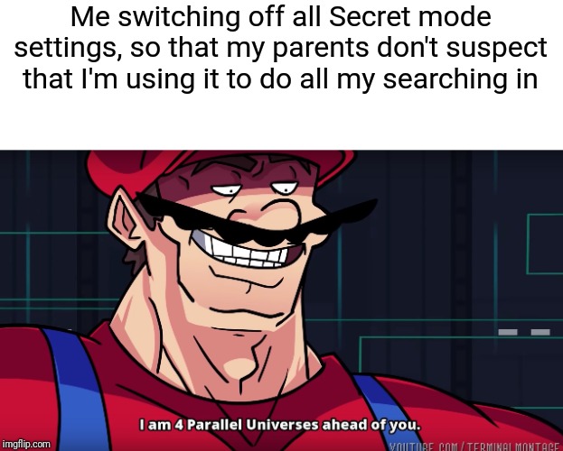 Mario I am four parallel universes ahead of you | Me switching off all Secret mode settings, so that my parents don't suspect that I'm using it to do all my searching in | image tagged in mario i am four parallel universes ahead of you | made w/ Imgflip meme maker