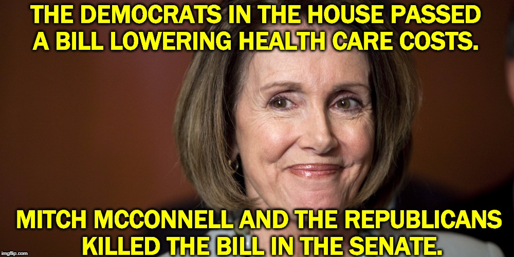 Learn who your friends are. | THE DEMOCRATS IN THE HOUSE PASSED A BILL LOWERING HEALTH CARE COSTS. MITCH MCCONNELL AND THE REPUBLICANS 
KILLED THE BILL IN THE SENATE. | image tagged in nancy pelosi - a smart capable woman,democrats,healthcare,pelosi,republicans,mitch mcconnell | made w/ Imgflip meme maker
