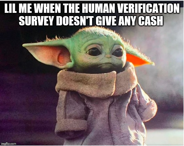 Sad Baby Yoda | LIL ME WHEN THE HUMAN VERIFICATION SURVEY DOESN'T GIVE ANY CASH | image tagged in sad baby yoda | made w/ Imgflip meme maker