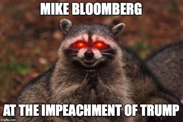 mike Bloomberg trump impeachment | MIKE BLOOMBERG; AT THE IMPEACHMENT OF TRUMP | image tagged in evil genius racoon | made w/ Imgflip meme maker