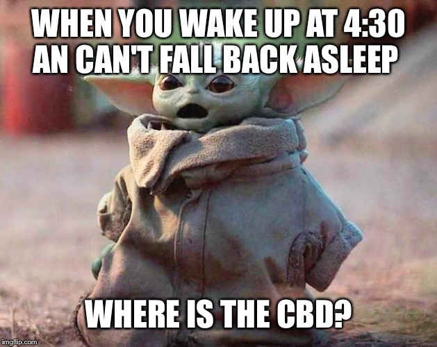 Surprised Baby Yoda | WHEN YOU WAKE UP AT 4:30 AN CAN'T FALL BACK ASLEEP; WHERE IS THE CBD? | image tagged in surprised baby yoda | made w/ Imgflip meme maker