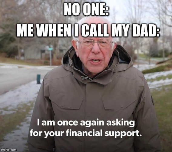 Bernie Financial Support | ME WHEN I CALL MY DAD:; NO ONE: | image tagged in bernie financial support | made w/ Imgflip meme maker