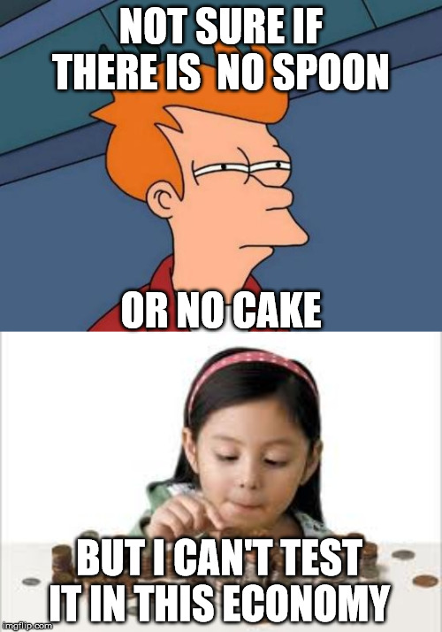 NOT SURE IF THERE IS  NO SPOON; OR NO CAKE; BUT I CAN'T TEST IT IN THIS ECONOMY | image tagged in memes,futurama fry,personal economy | made w/ Imgflip meme maker