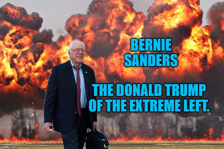 Bernie Sanders on Fire | BERNIE SANDERS; THE DONALD TRUMP OF THE EXTREME LEFT. | image tagged in bernie sanders on fire | made w/ Imgflip meme maker