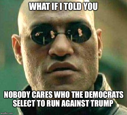 What if i told you |  WHAT IF I TOLD YOU; NOBODY CARES WHO THE DEMOCRATS SELECT TO RUN AGAINST TRUMP | image tagged in what if i told you | made w/ Imgflip meme maker