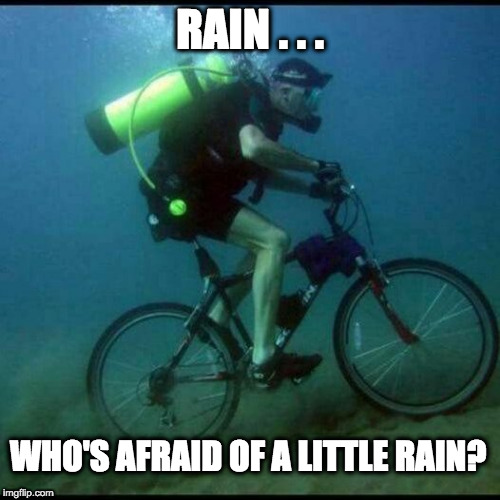 Scuba Diving Bicycle | RAIN . . . WHO'S AFRAID OF A LITTLE RAIN? | image tagged in scuba diving bicycle | made w/ Imgflip meme maker