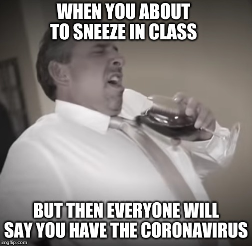 WHEN YOU ABOUT TO SNEEZE IN CLASS; BUT THEN EVERYONE WILL SAY YOU HAVE THE CORONAVIRUS | image tagged in first world problems | made w/ Imgflip meme maker