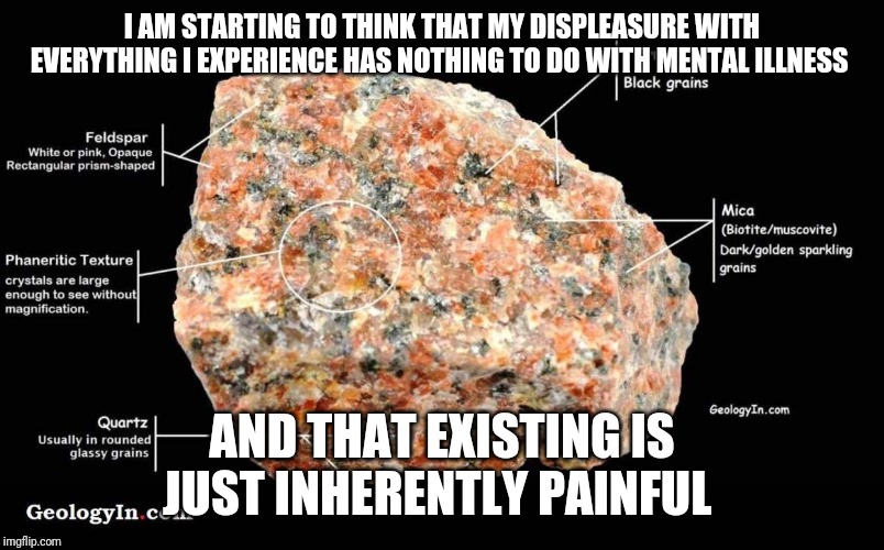 hm | I AM STARTING TO THINK THAT MY DISPLEASURE WITH EVERYTHING I EXPERIENCE HAS NOTHING TO DO WITH MENTAL ILLNESS; AND THAT EXISTING IS JUST INHERENTLY PAINFUL | image tagged in pain,depression | made w/ Imgflip meme maker