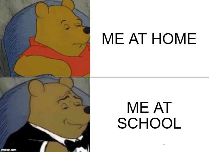 Tuxedo Winnie The Pooh | ME AT HOME; ME AT SCHOOL | image tagged in memes,tuxedo winnie the pooh | made w/ Imgflip meme maker