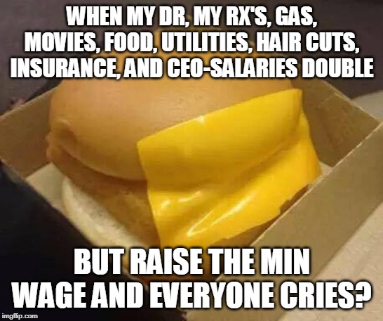 15 dollar minimum wage | WHEN MY DR, MY RX'S, GAS, MOVIES, FOOD, UTILITIES, HAIR CUTS, INSURANCE, AND CEO-SALARIES DOUBLE; BUT RAISE THE MIN WAGE AND EVERYONE CRIES? | image tagged in 15 dollar minimum wage | made w/ Imgflip meme maker