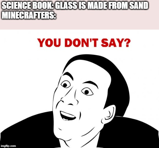 You Don't Say Meme | SCIENCE BOOK: GLASS IS MADE FROM SAND
MINECRAFTERS: | image tagged in memes,you don't say | made w/ Imgflip meme maker