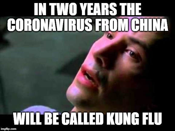 Neo kung fu | IN TWO YEARS THE CORONAVIRUS FROM CHINA; WILL BE CALLED KUNG FLU | image tagged in neo kung fu | made w/ Imgflip meme maker