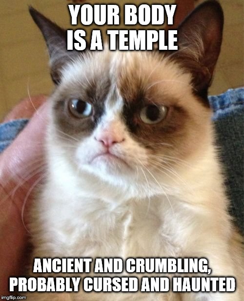 Grumpy Cat | YOUR BODY IS A TEMPLE; ANCIENT AND CRUMBLING, PROBABLY CURSED AND HAUNTED | image tagged in memes,grumpy cat | made w/ Imgflip meme maker