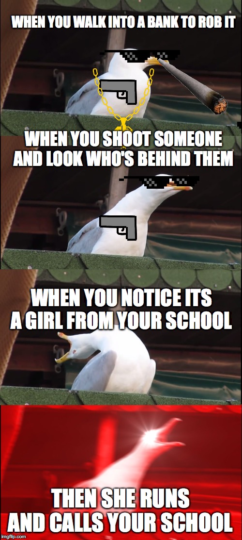 Inhaling Seagull | WHEN YOU WALK INTO A BANK TO ROB IT; WHEN YOU SHOOT SOMEONE AND LOOK WHO'S BEHIND THEM; WHEN YOU NOTICE ITS A GIRL FROM YOUR SCHOOL; THEN SHE RUNS AND CALLS YOUR SCHOOL | image tagged in memes,inhaling seagull | made w/ Imgflip meme maker