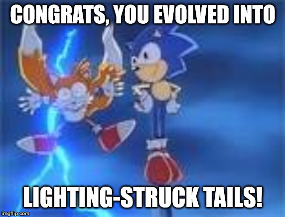 Sonic doesn't have a care in the world | CONGRATS, YOU EVOLVED INTO; LIGHTING-STRUCK TAILS! | image tagged in sonic,tails | made w/ Imgflip meme maker