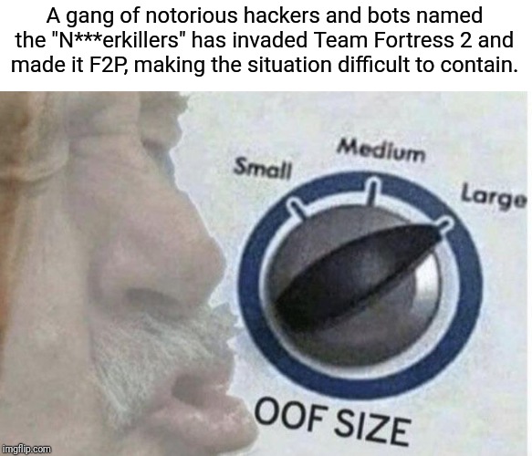 Oof size large | A gang of notorious hackers and bots named the "N***erkillers" has invaded Team Fortress 2 and made it F2P, making the situation difficult to contain. | image tagged in oof size large | made w/ Imgflip meme maker