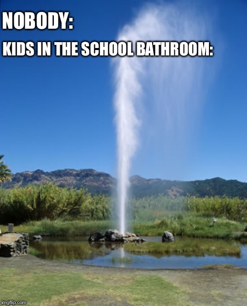 This is my second meme today about the school bathroom | NOBODY:; KIDS IN THE SCHOOL BATHROOM: | image tagged in geyser,school | made w/ Imgflip meme maker