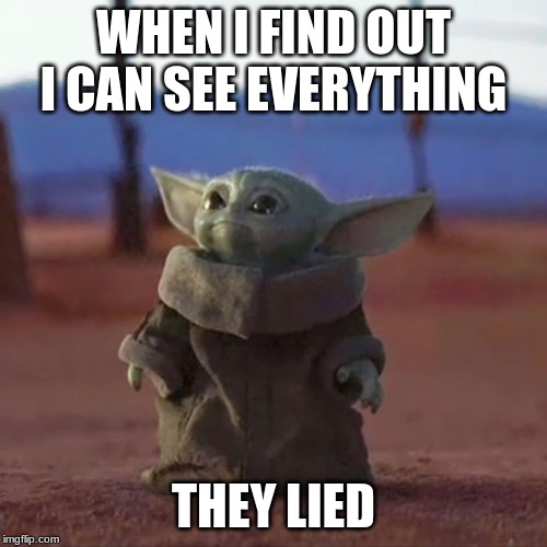 Baby Yoda | WHEN I FIND OUT I CAN SEE EVERYTHING; THEY LIED | image tagged in baby yoda | made w/ Imgflip meme maker