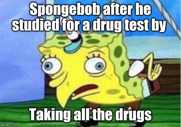 Mocking Spongebob | Spongebob after he studied for a drug test by; Taking all the drugs | image tagged in memes,mocking spongebob | made w/ Imgflip meme maker