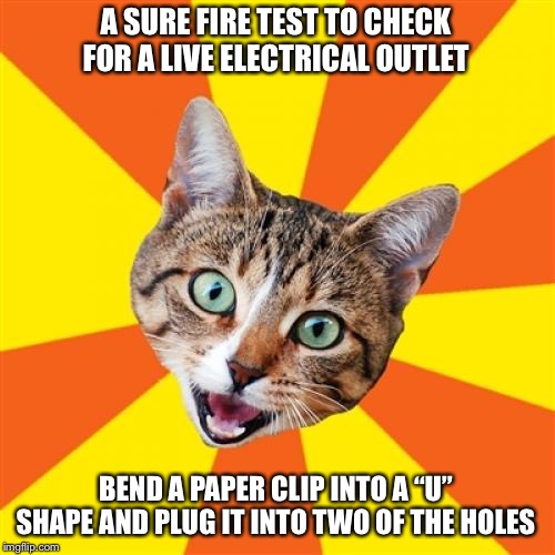 Bad Advice Cat | A SURE FIRE TEST TO CHECK FOR A LIVE ELECTRICAL OUTLET; BEND A PAPER CLIP INTO A “U” SHAPE AND PLUG IT INTO TWO OF THE HOLES | image tagged in memes,bad advice cat | made w/ Imgflip meme maker