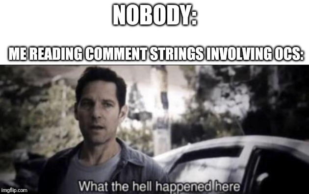 What the hell happened here | NOBODY:; ME READING COMMENT STRINGS INVOLVING OCS: | image tagged in what the hell happened here | made w/ Imgflip meme maker