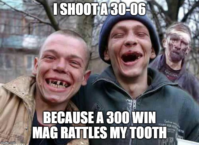 Methed Up | I SHOOT A 30-06; BECAUSE A 300 WIN MAG RATTLES MY TOOTH | image tagged in methed up | made w/ Imgflip meme maker