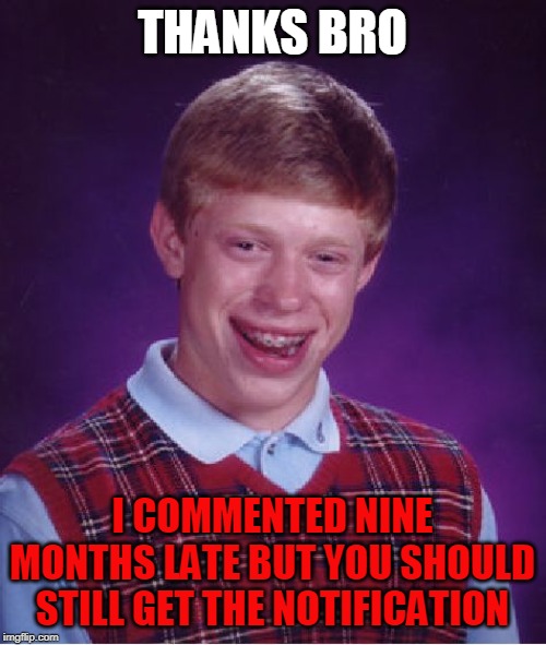 Bad Luck Brian Meme | THANKS BRO I COMMENTED NINE MONTHS LATE BUT YOU SHOULD STILL GET THE NOTIFICATION | image tagged in memes,bad luck brian | made w/ Imgflip meme maker