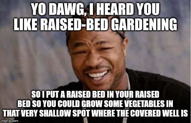 Yo Dawg Heard You Meme | YO DAWG, I HEARD YOU LIKE RAISED-BED GARDENING; SO I PUT A RAISED BED IN YOUR RAISED BED SO YOU COULD GROW SOME VEGETABLES IN THAT VERY SHALLOW SPOT WHERE THE COVERED WELL IS | image tagged in memes,yo dawg heard you | made w/ Imgflip meme maker