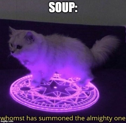 Whomst has summoned the almighty one | SOUP: | image tagged in whomst has summoned the almighty one | made w/ Imgflip meme maker