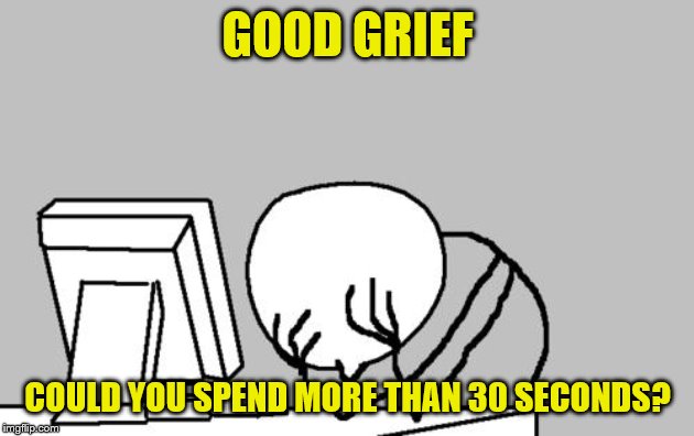 Computer Guy Facepalm Meme | GOOD GRIEF COULD YOU SPEND MORE THAN 30 SECONDS? | image tagged in memes,computer guy facepalm | made w/ Imgflip meme maker