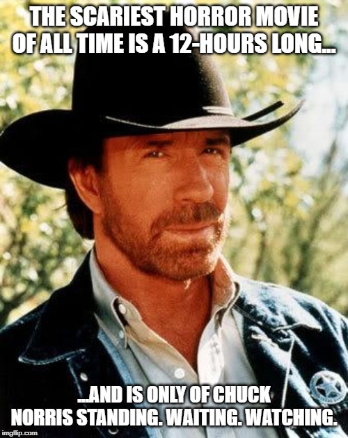 Coming Soon to Netflix | THE SCARIEST HORROR MOVIE OF ALL TIME IS A 12-HOURS LONG... ...AND IS ONLY OF CHUCK NORRIS STANDING. WAITING. WATCHING. | image tagged in memes,chuck norris | made w/ Imgflip meme maker