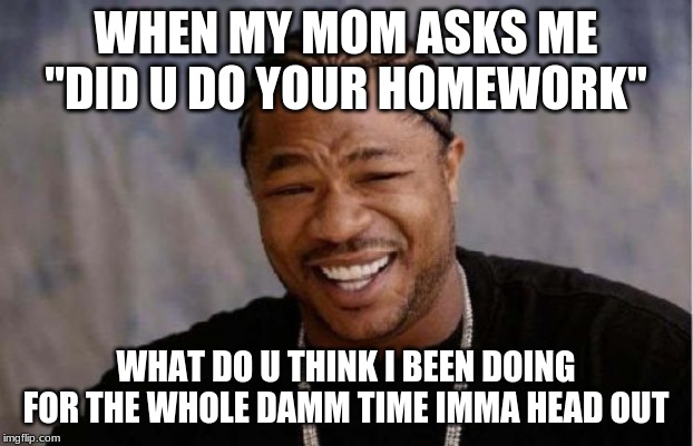 Yo Dawg Heard You Meme | WHEN MY MOM ASKS ME "DID U DO YOUR HOMEWORK"; WHAT DO U THINK I BEEN DOING FOR THE WHOLE DAMM TIME IMMA HEAD OUT | image tagged in memes,yo dawg heard you | made w/ Imgflip meme maker