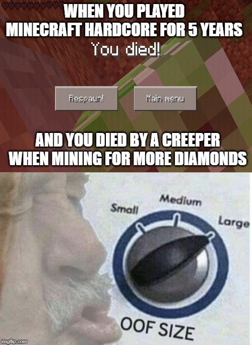 What Minecraft Gamers mostly rage at. | WHEN YOU PLAYED MINECRAFT HARDCORE FOR 5 YEARS; AND YOU DIED BY A CREEPER WHEN MINING FOR MORE DIAMONDS | image tagged in oof size large,minecraft,fun,minecraft creeper,roblox oof,washing machine | made w/ Imgflip meme maker