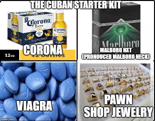 The official Cuban Pete Starter Kit | THE CUBAN STARTER KIT; CORONA; MALBORO NXT (PRONOUCED MALBORO NECK); PAWN SHOP JEWELRY; VIAGRA | image tagged in my dolly parton challenge,cuban,malboro,corona,viagra,pawn shop | made w/ Imgflip meme maker