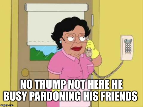 Consuela | NO TRUMP NOT HERE HE BUSY PARDONING HIS FRIENDS | image tagged in memes,consuela | made w/ Imgflip meme maker