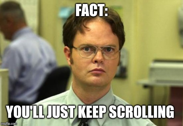 Dwight Schrute Meme | FACT:; YOU'LL JUST KEEP SCROLLING | image tagged in memes,dwight schrute | made w/ Imgflip meme maker