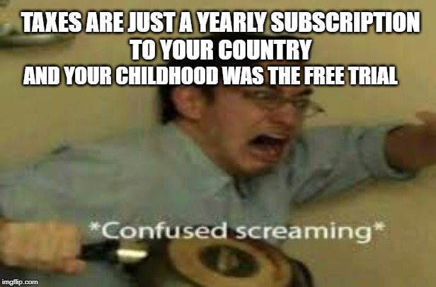 taxes are weird | TAXES ARE JUST A YEARLY SUBSCRIPTION 
TO YOUR COUNTRY; AND YOUR CHILDHOOD WAS THE FREE TRIAL | image tagged in taxes,confused screaming,meme | made w/ Imgflip meme maker