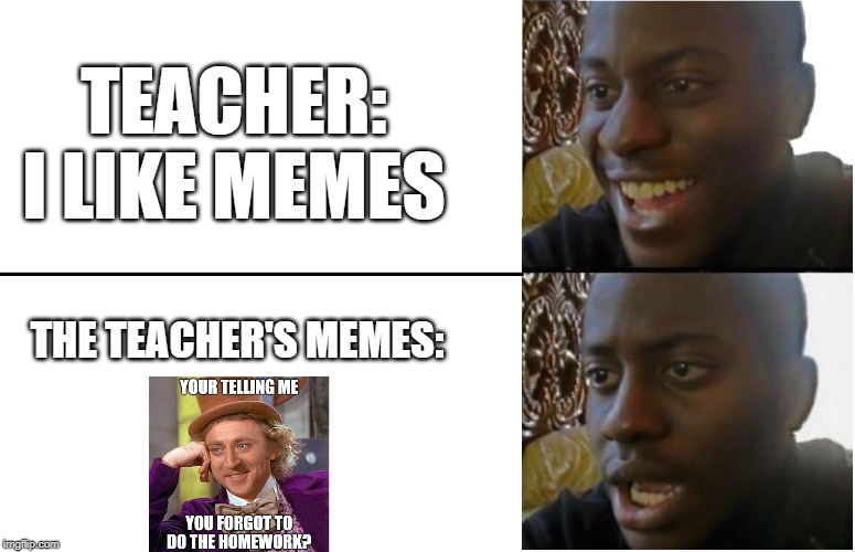 :( | TEACHER: I LIKE MEMES; THE TEACHER'S MEMES: | image tagged in disappointed black guy | made w/ Imgflip meme maker
