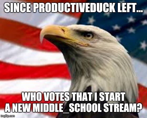 Murica Patriotic Eagle | SINCE PRODUCTIVEDUCK LEFT... WHO VOTES THAT I START A NEW MIDDLE_SCHOOL STREAM? | image tagged in murica patriotic eagle | made w/ Imgflip meme maker