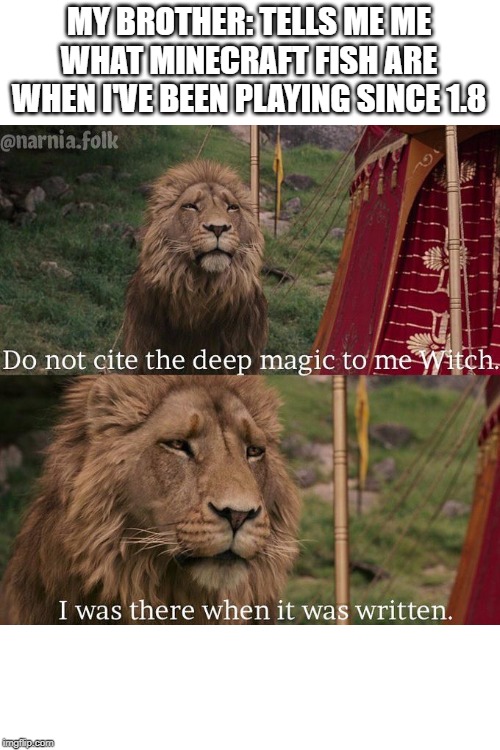 Do not cite the deep magic to me witch | MY BROTHER: TELLS ME ME WHAT MINECRAFT FISH ARE WHEN I'VE BEEN PLAYING SINCE 1.8 | image tagged in do not cite the deep magic to me witch | made w/ Imgflip meme maker