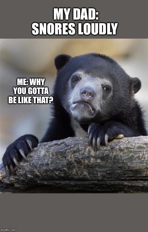 Confession Bear Meme | MY DAD: SNORES LOUDLY; ME: WHY YOU GOTTA BE LIKE THAT? | image tagged in memes,confession bear | made w/ Imgflip meme maker