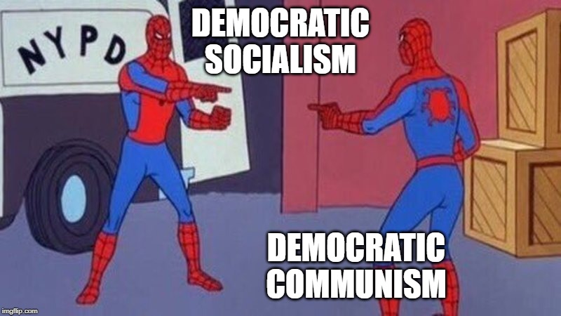 spiderman pointing at spiderman | DEMOCRATIC
SOCIALISM; DEMOCRATIC
COMMUNISM | image tagged in spiderman pointing at spiderman | made w/ Imgflip meme maker