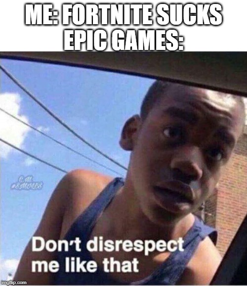 Don't disrespect me like that | ME: FORTNITE SUCKS
EPIC GAMES: | image tagged in don't disrespect me like that | made w/ Imgflip meme maker