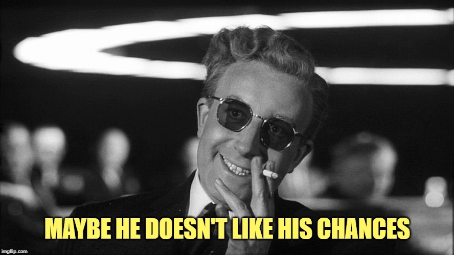Doctor Strangelove says... | MAYBE HE DOESN'T LIKE HIS CHANCES | image tagged in doctor strangelove says | made w/ Imgflip meme maker