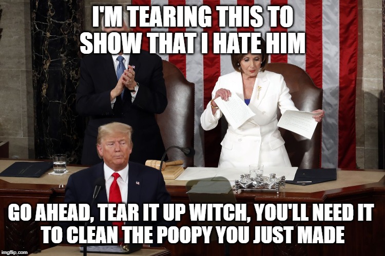 Nancy Pelosi rips Trump speech | I'M TEARING THIS TO
SHOW THAT I HATE HIM; GO AHEAD, TEAR IT UP WITCH, YOU'LL NEED IT 
TO CLEAN THE POOPY YOU JUST MADE | image tagged in nancy pelosi rips trump speech | made w/ Imgflip meme maker