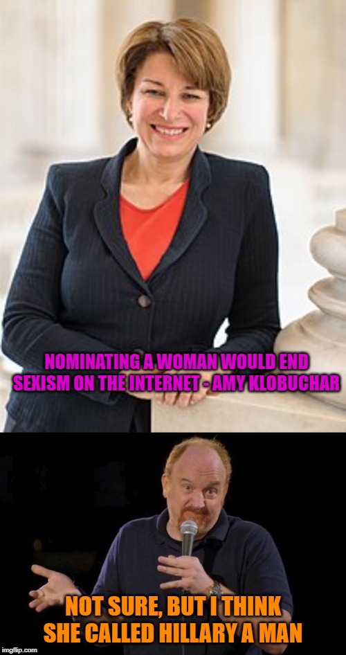 Amy Klobuchar Said What | NOMINATING A WOMAN WOULD END SEXISM ON THE INTERNET - AMY KLOBUCHAR; NOT SURE, BUT I THINK SHE CALLED HILLARY A MAN | image tagged in louis ck but maybe,amy klobuchar,democrats,political meme,funny,hillary clinton | made w/ Imgflip meme maker